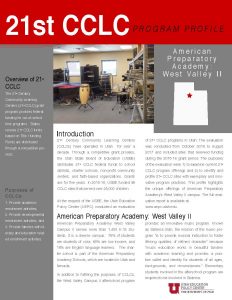 21st Century Community Learning Centers: American Preparatory Academy West Valley II