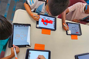 Children around the table using iPads